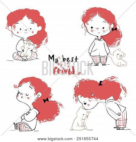 Cute Cartoon Girl Ted Hairs And With Teddy Bear