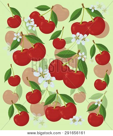Red Cherry. Cherry Pattern. Yellow Background With Cherries And Flowers, Watercolor Vector Illustrat