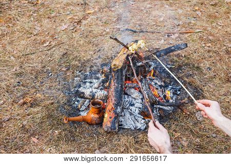 At The Stake In The Spring Forest, A Clay Turkish Coffee Pot Is Heated Against The Grass.