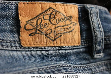 Moscow, Russia - March 25, 2019: Lee Cooper Denim Blue Jeans With Leather Tag. Lee Cooper Is English