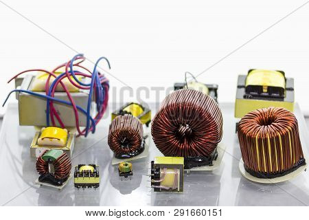 Close Up Small Of Many Coil And Electric Transformer For Industrial With Copy Space