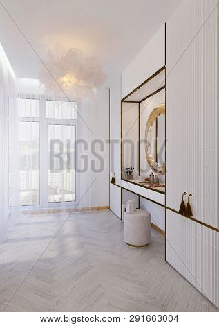 Modern Peaceful Bedroom In Modern Style In White Colors, Oriental Style. Peaceful And Serene Bedroom