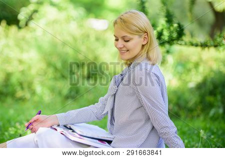 Remote Job Concept. Managing Business Remote Outdoors. Woman With Laptop Sit Grass Meadow. Best Jobs