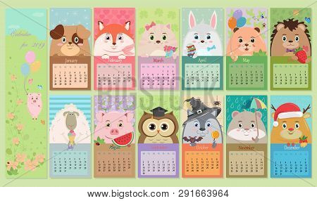 Vector Children's Calendar For 2019. Cute Cartoon Funny Animals.