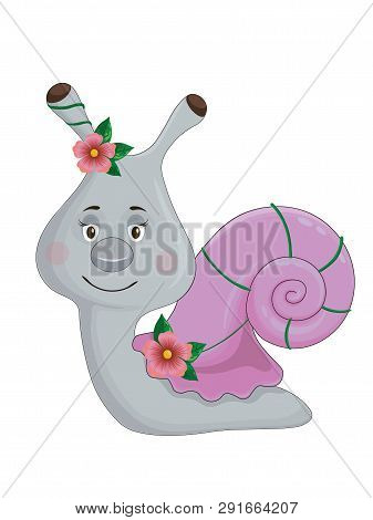 Cheerful Smiling Snail With Pink Shell And Flowers On White Background