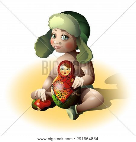 Cute Baby Plays With A Russian Doll.