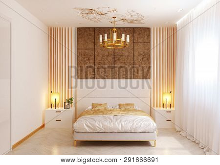 Modern Peaceful Bedroom. Bedroom In Modern Style In White Colors, Oriental Style. Wood Bed With Orie