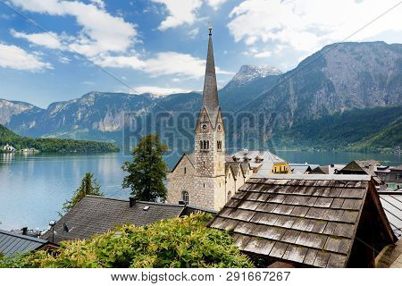 Scenic View Of Hallstatt Lakeside Town In The Austrian Alps On Beautiful Day In Autumn. Hallstatt, S