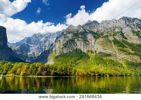 Stunning Deep Green Waters Of Konigssee, Known As Germany's Deepest And Cleanest Lake, Located In Th