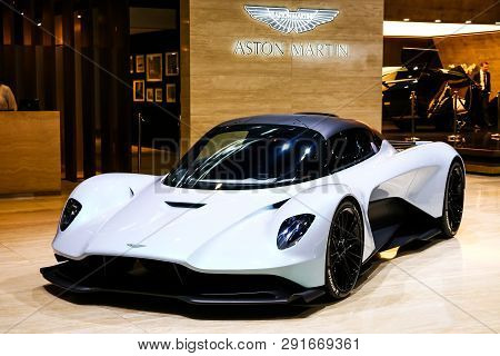 Geneva, Switzerland - March 10, 2019: White Hypercar Aston Martin Project 003 Presented At The Annua