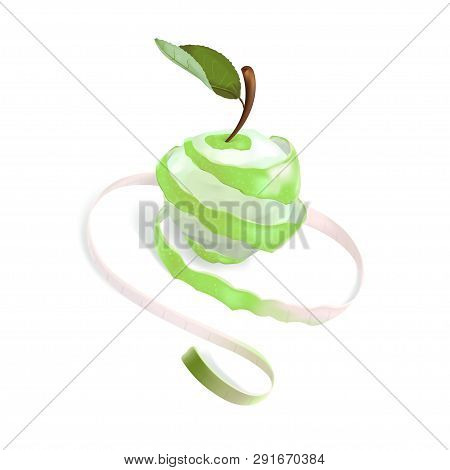 The Illustration Shows A Green Apple, Which Was Cut In A Spiral. The Spiral Passes Into The Measurin