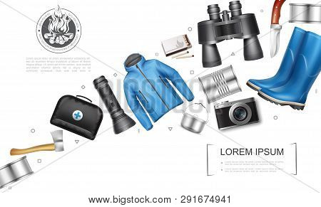 Realistic Camping Elements Concept With Canned Food Axe Medical Bag Flashlight Cooking Pot Camera Ja