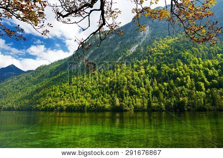 Stunning Deep Green Waters Of Konigssee, Known As Germany's Deepest And Cleanest Lake, Located In Th