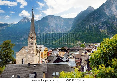 Scenic View Of Hallstatt Lakeside Town In The Austrian Alps In Beautiful Evening Light On Beautiful 