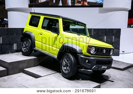 Geneva, Switzerland - March 10, 2019: Motor Car Suzuki Jimny Presented At The Annual Geneva Internat