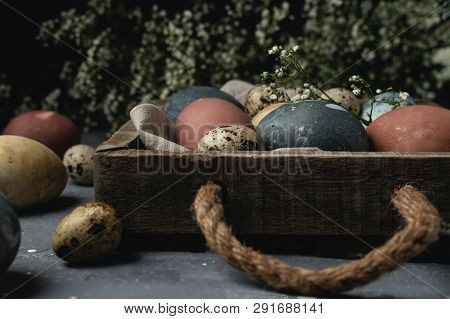 Spring Easter Minimal Background Rustic Style Composition - Organic Naturally Dyed Easter Eggs