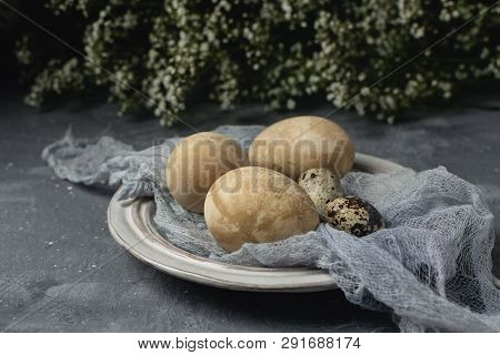 Spring Easter Minimal Background Rustic Style Composition - Organic Naturally Dyed Easter Eggs