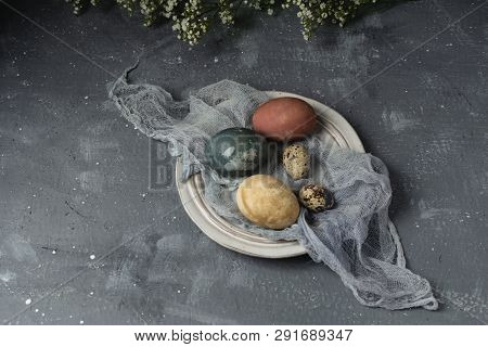 Spring Easter Minimal Background Rustic Style Composition - Organic Naturally Dyed Easter Eggs