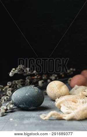 Spring Easter Minimal Background Rustic Style Composition - Organic Naturally Dyed Easter Eggs, Will