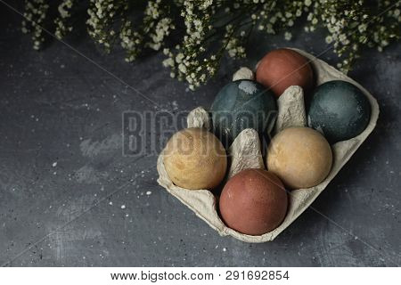 Spring Easter Minimal Rustic Style Concept - Organic Naturally Dyed Easter Eggs, Qual Eggs, Curcuma,