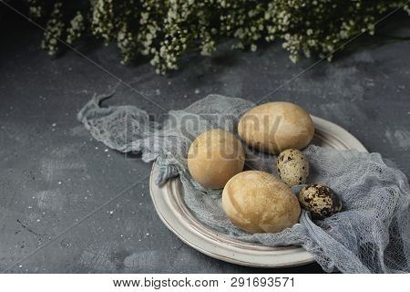 Spring Easter Minimal Rustic Style Concept - Organic Naturally Dyed Easter Eggs, Qual Eggs, Curcuma,