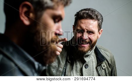 Man Argue While Guy Feel Sorry. Feel Guilty. Fail And Misunderstanding. Men Failed Deal Argue. Failu