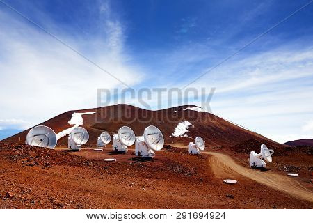 Observatories On Top Of Mauna Kea Mountain Peak. Astronomical Research Facilities And Large Telescop