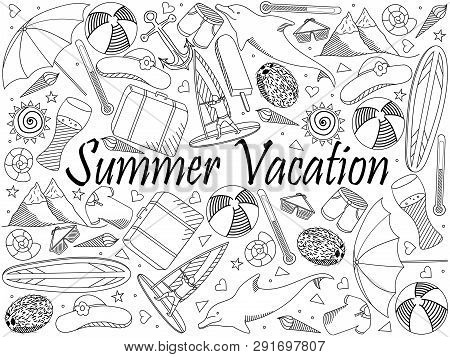 Line Art Objects On A White Background. Theme Of Travel, Summer Vacation. Raster Over White Backgrou
