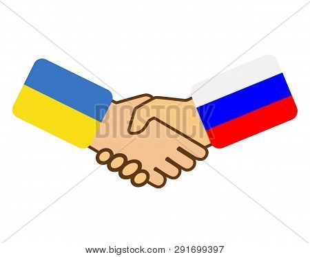 Shaking Hands With A Ukrainian Flag And A Russian Flag, Flat Design