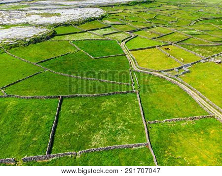Aerial View Of Inishmore Or Inis Mor, The Largest Of The Aran Islands In Galway Bay, Ireland. Famous