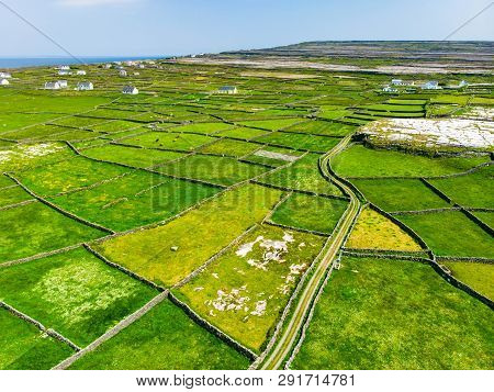 Aerial View Of Inishmore Or Inis Mor, The Largest Of The Aran Islands In Galway Bay, Ireland. Famous