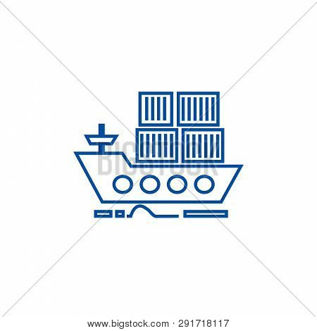 Cargo Delivery By Sea Ship Line Icon Concept. Cargo Delivery By Sea Ship Flat  Vector Symbol, Sign, 