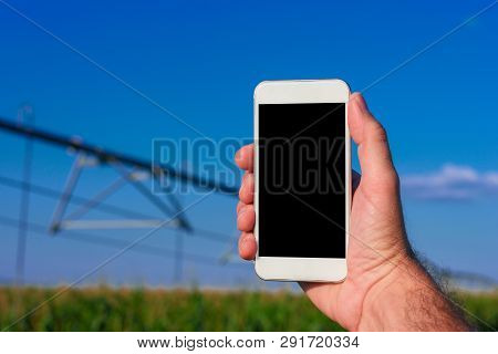 Smartphone Agriculture App Mock Up Screen, Agronomist Holding Mobile Phone Device