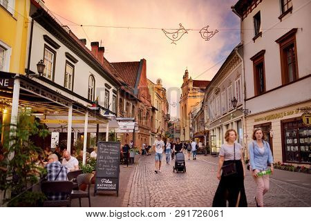 Vilnius, Lithuania - June 18, 2018: Beautiful Purple Summer Sunset On The Pilies Street, The Oldest 