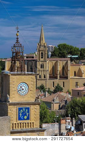 View Of Salon De Provence With Church And Bell Tower, France.
