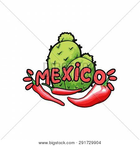 Mexico Lettering With Green Letters And Red Pepper. Isolated Logo Vector Design Element For Branding