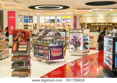 DUBAI, UAE - CIRCA FEBRUARY, 2019: perfumes and cosmetics products on display at Dubai International Airport.