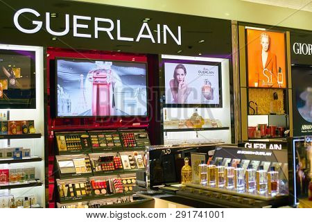 DUBAI, UAE - CIRCA FEBRUARY, 2019: perfumes and cosmetics products on display at Dubai International Airport.