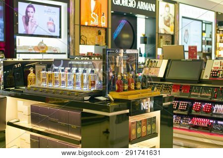 DUBAI, UAE - CIRCA FEBRUARY, 2019: perfumes and cosmetics products on display at Dubai International Airport.