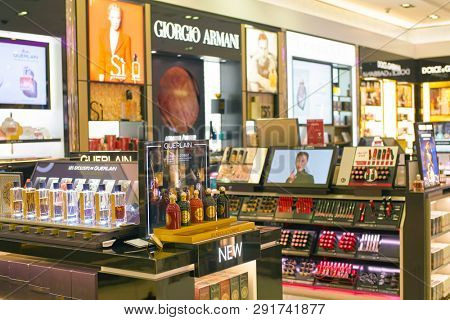 DUBAI, UAE - CIRCA FEBRUARY, 2019: perfumes and cosmetics products on display at Dubai International Airport.
