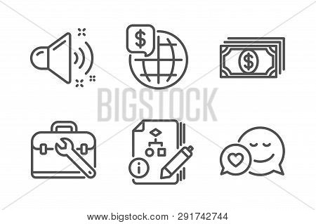 Loud Sound, Payment And Algorithm Icons Simple Set. World Money, Tool Case And Dating Signs. Music, 