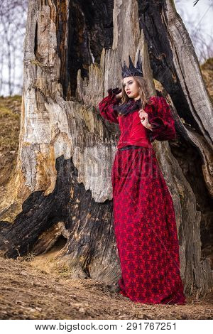Art Photography Concepts. Mysterious Beautiful Fairy Medieval Princess In Red Dress And Spiky Black 
