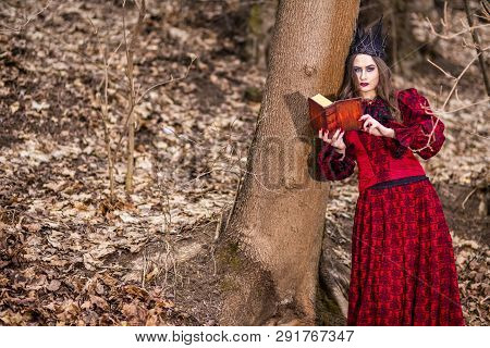 Art Photography. Gorgeous Mysterious Fairy Princess In Red Dress And Black Crown With Old Book. Posi