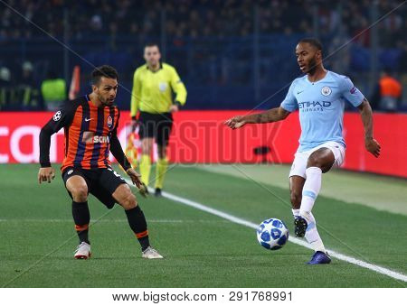 Kharkiv, Ukraine - October 23, 2018: Raheem Sterling Of Manchester City (r) Controls A Ball During T