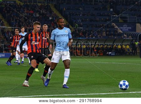 Kharkiv, Ukraine - October 23, 2018: Raheem Sterling Of Manchester City (r) Kicks A Ball During The 