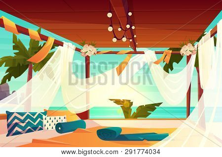 Chill Out Area On Luxury, Tropical Resort Cartoon Vector. Comfortable Terrace, Decorated Flowers, Co