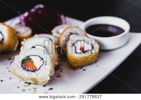 Close Up Hot Panko Sushi Roll With Soy Sauce