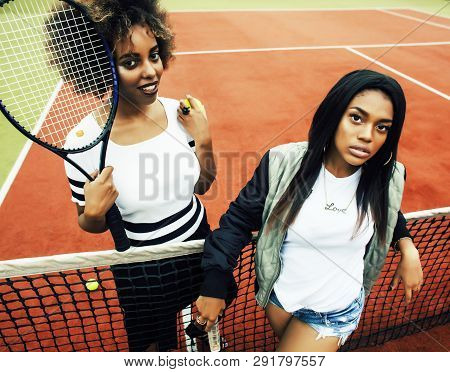 Young Pretty Girlfriends Hanging On Tennis Court, Fashion Stylish Dressed Swag, Best Friends Happy S