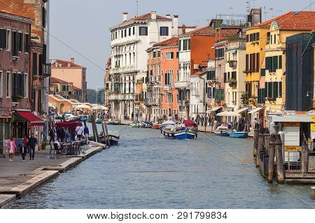 Venice, Italy - September 23, 2017: Cannaregio Canal, Boulevards By The Water, Ferry Stop Guglie