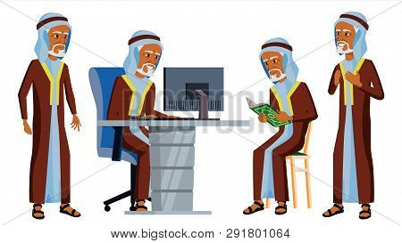Arab Man Office Worker . Ghutra. Old. Saudi, Emirates. Arabic Face Emotions, Various Gestures. Scene
